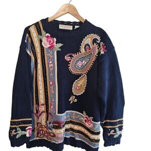 Vintage Rebecca Stone Sweater Women Medium Blue 90s Floral Beaded Granny Cottage